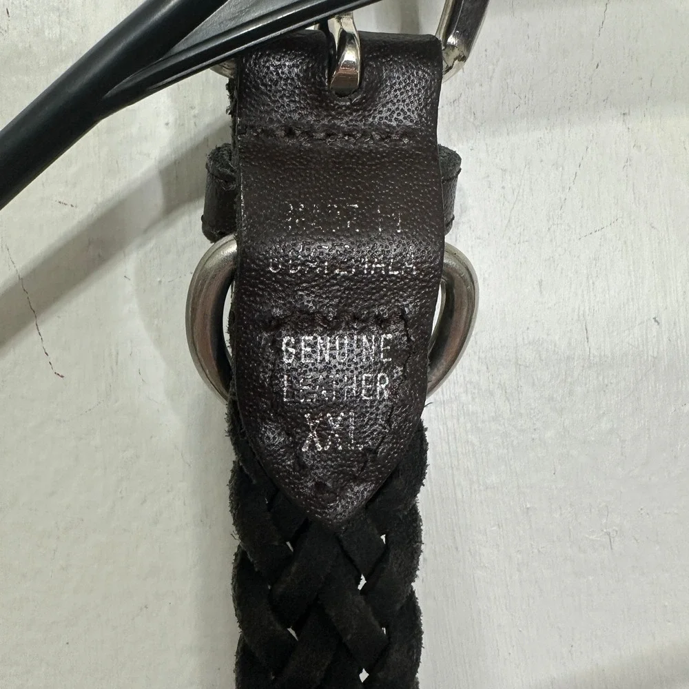 Mens Dark Brown Braided Genuine Leather Belt XXL Silver Buckle Woven 48 Inch